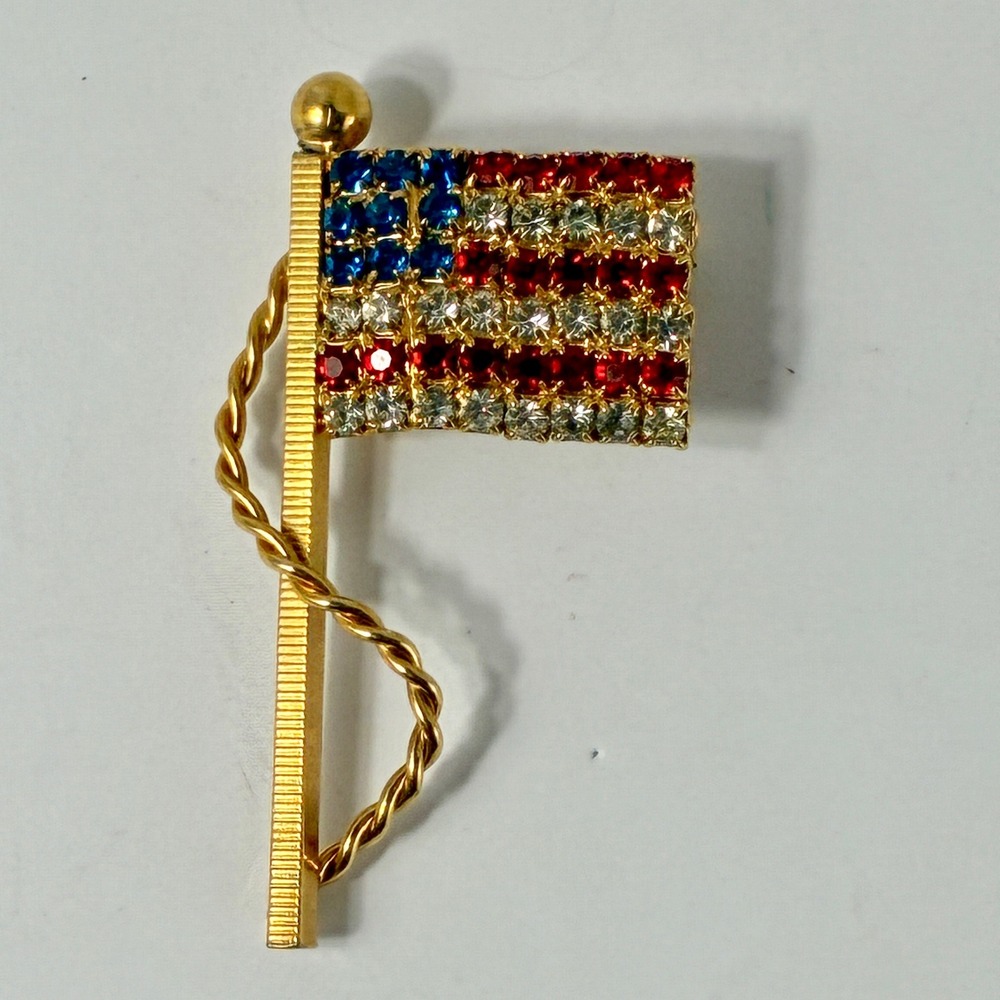 American Flag Brooch Rhinestone USA Patriotic Gold Tone Lapel Pin Red Blue